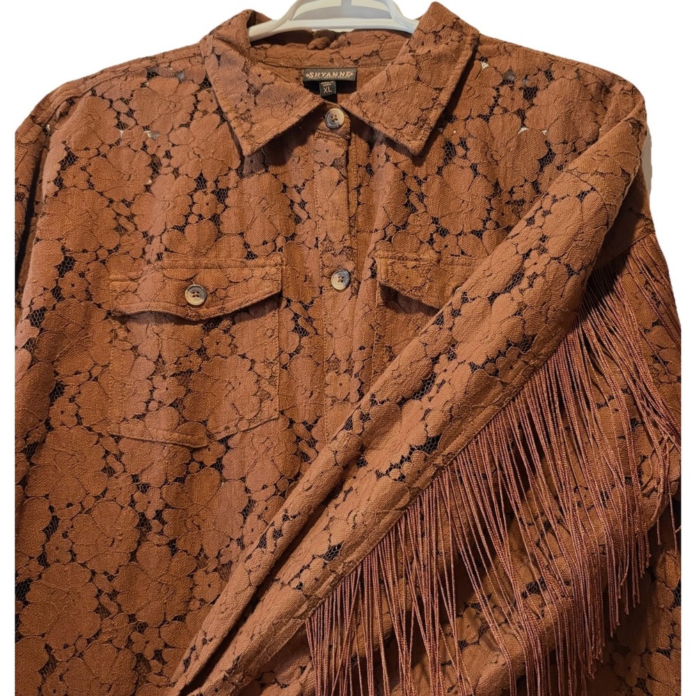 Shyanne Brown Lace Button Down Shirt with Fringe